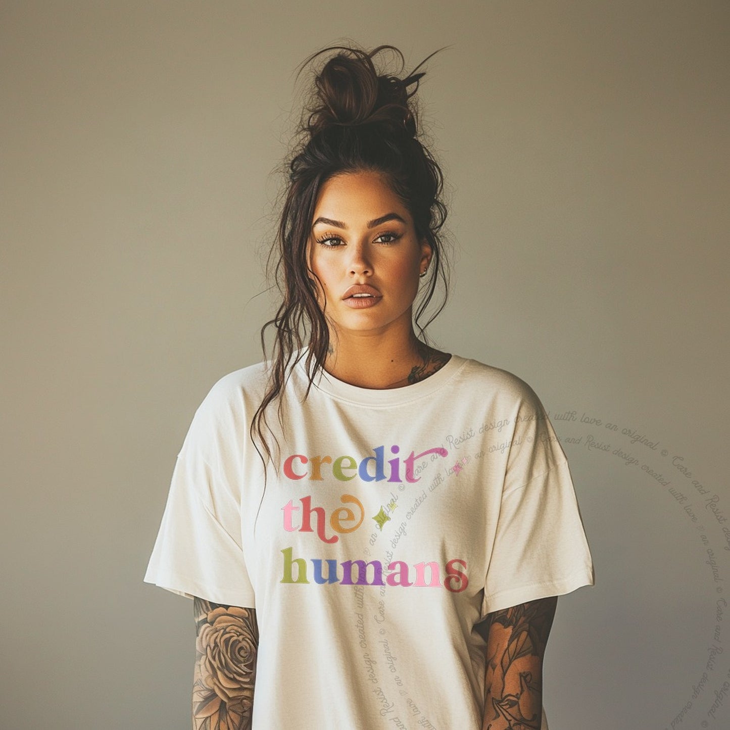 Credit the Humans Care & Resist rainbow Comfort Colors tee, Ivory