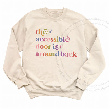 The Accessible Door is Around Back Care & Resist Gildan crewneck sweatshirt in Sand