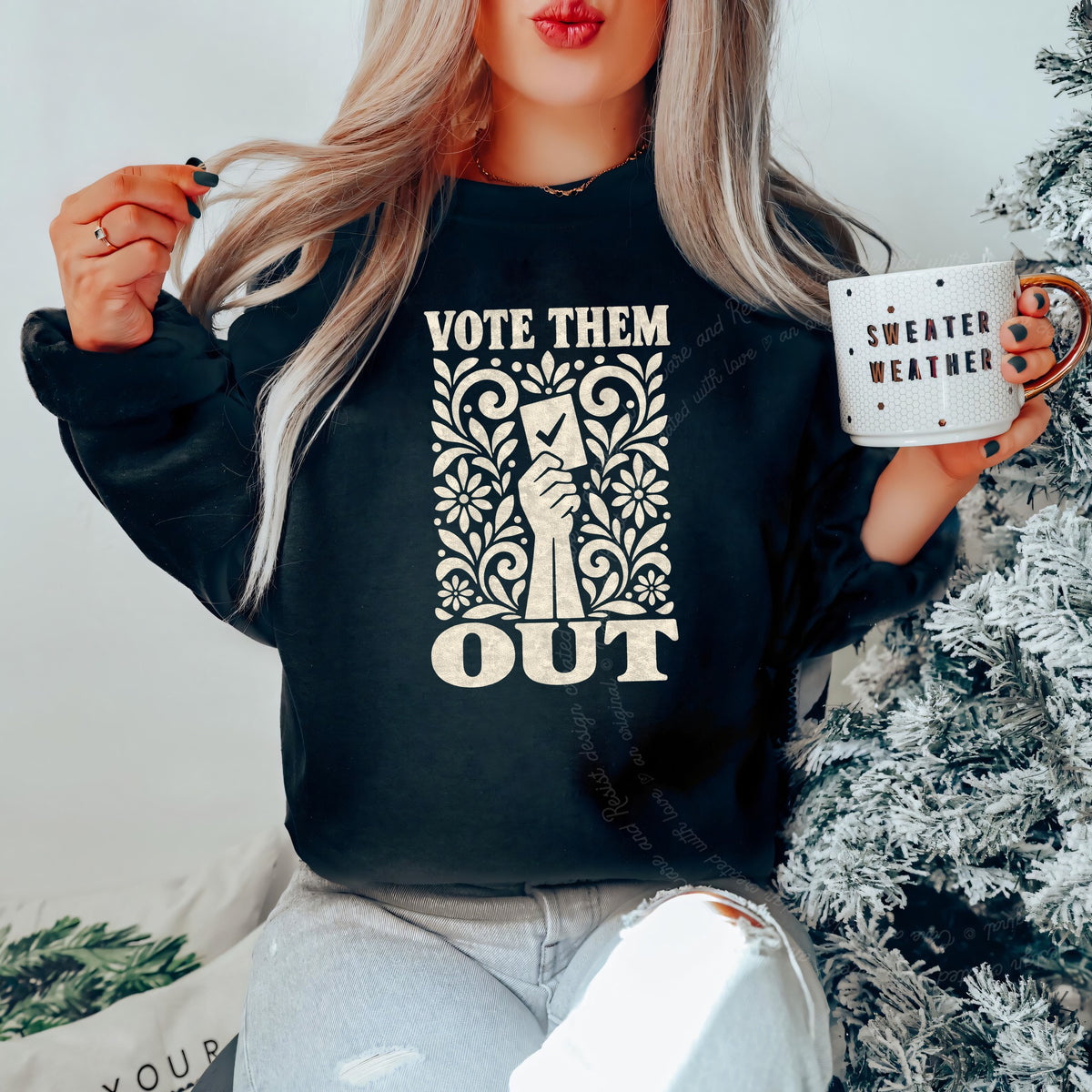 Vote Them Out Ballot Linocut Care & Resist Gildan crewneck sweatshirt in Black