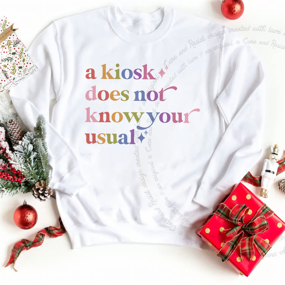 A Kiosk Does not Know Your Usual Care & Resist Gildan crewneck sweatshirt in White