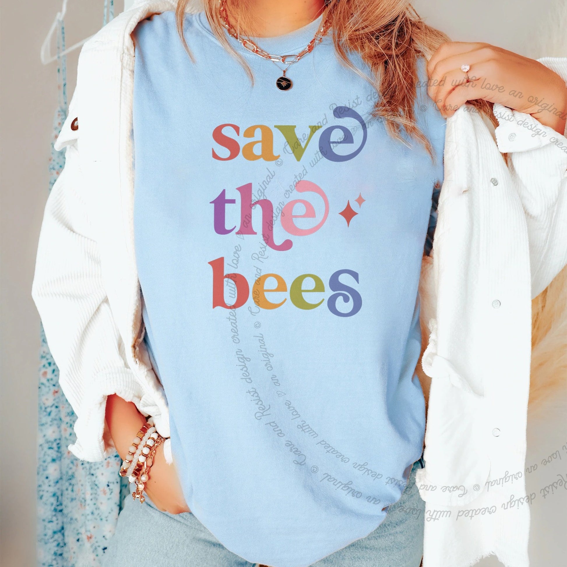 Save the Bees Care & Resist rainbow Comfort Colors tee, Chambray