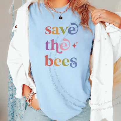 Save the Bees Care & Resist rainbow Comfort Colors tee, Chambray