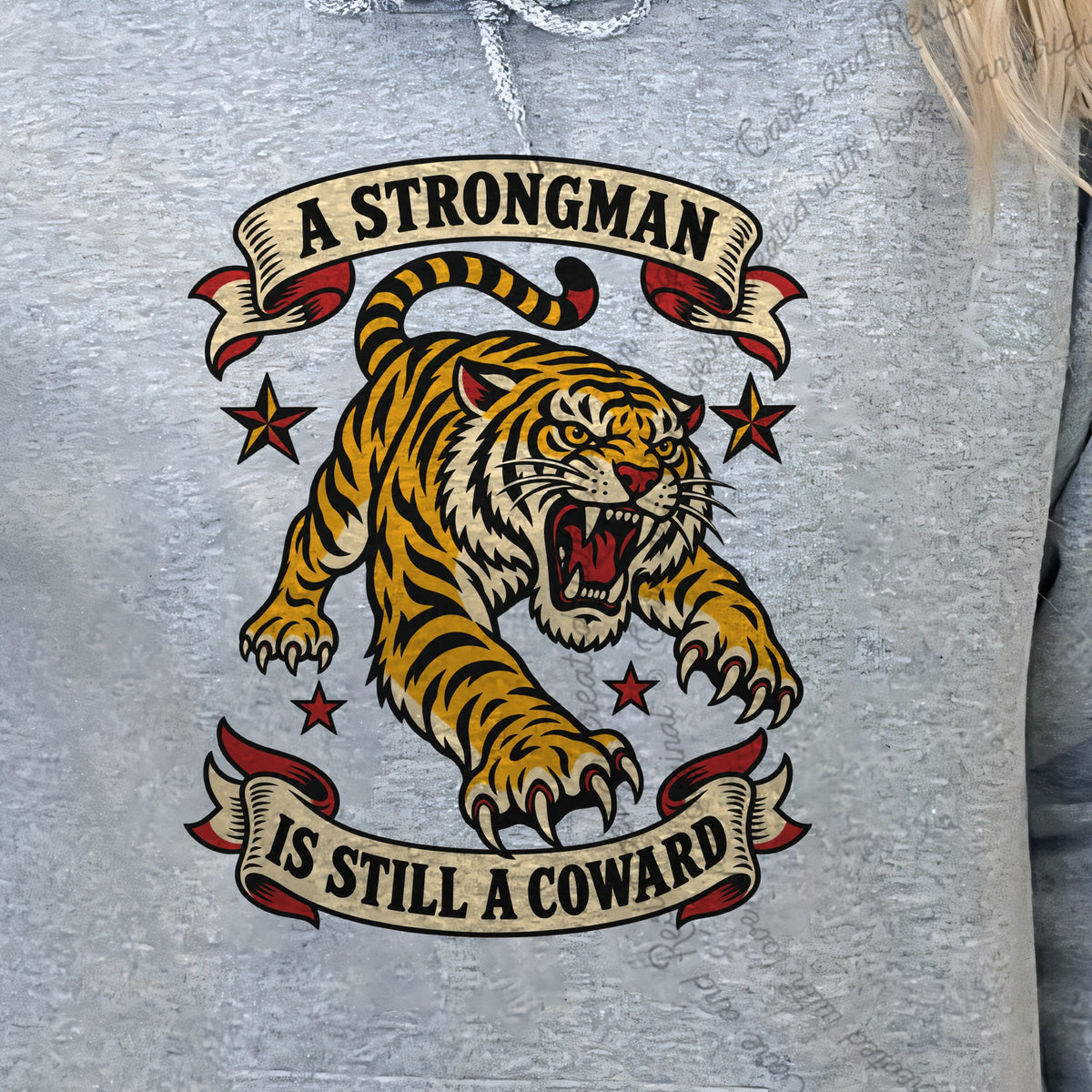 A Strongman is Still a Coward Tiger Care & Resist Gildan hoodie in Sport Grey