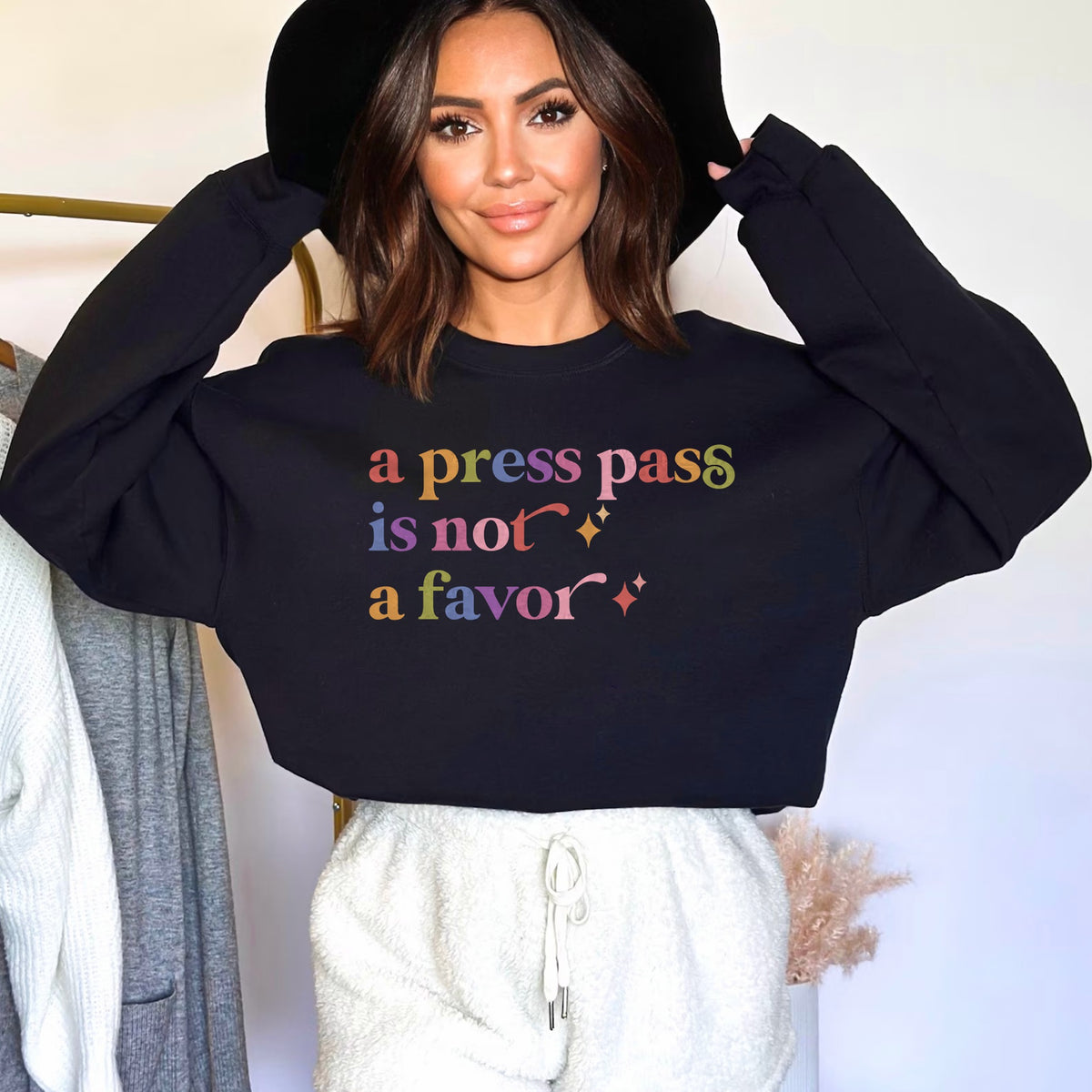 A Press Pass is not a Favor Care & Resist Gildan crewneck sweatshirt in Black