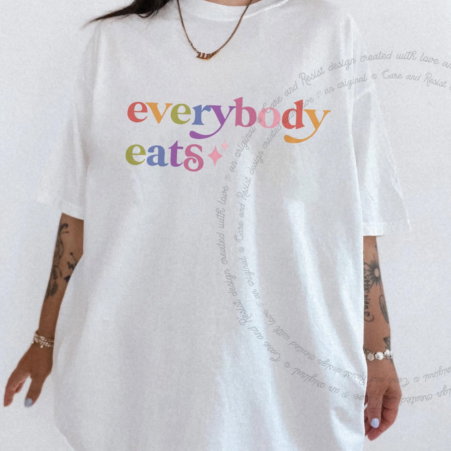 Everybody Eats Care & Resist rainbow Comfort Colors tee, White