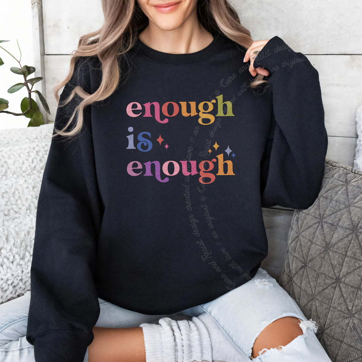 Enough Is Enough Care & Resist Gildan crewneck sweatshirt in Black