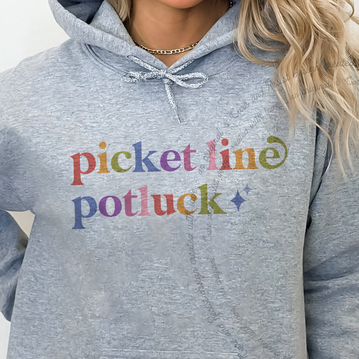Picket Line Potluck Care & Resist Gildan hoodie in Sport Grey