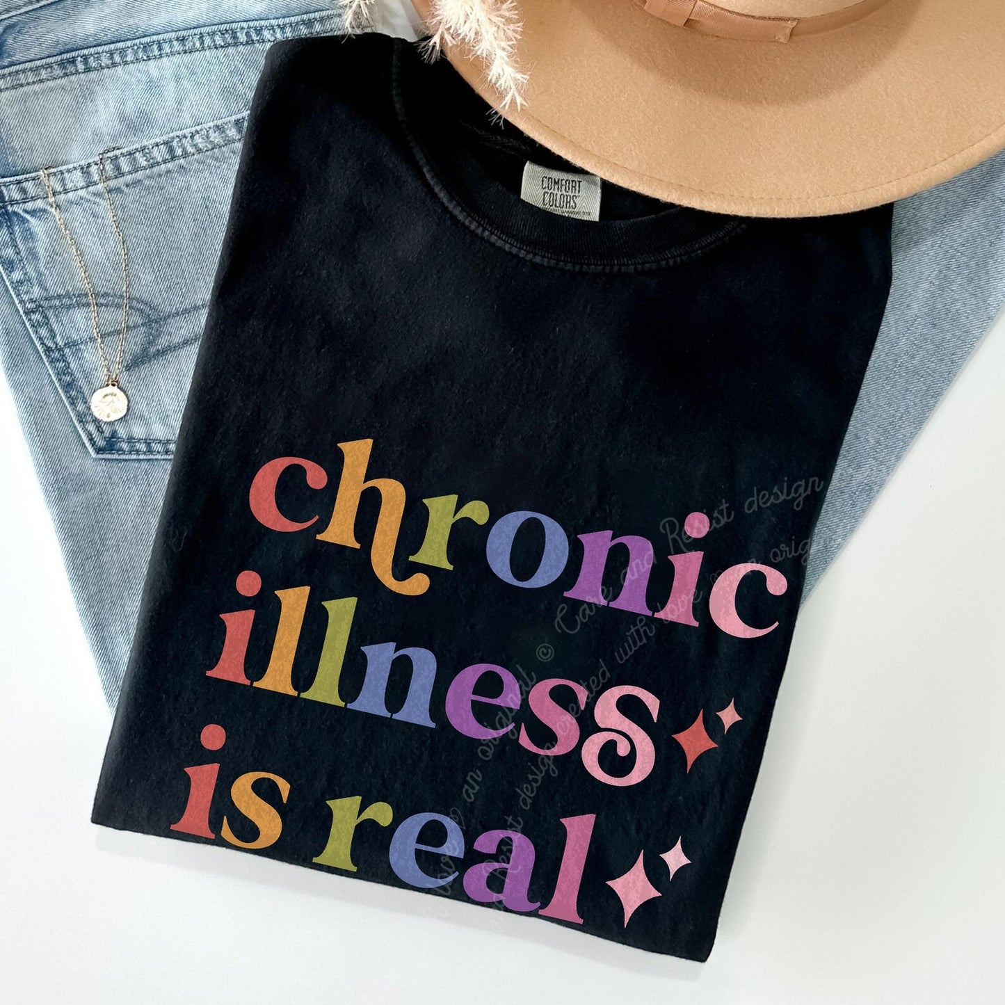 Chronic Illness is Real Care & Resist rainbow Comfort Colors tee, Black
