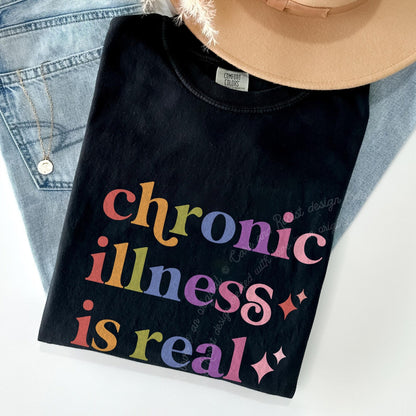 Chronic Illness is Real Care & Resist rainbow Comfort Colors tee, Black