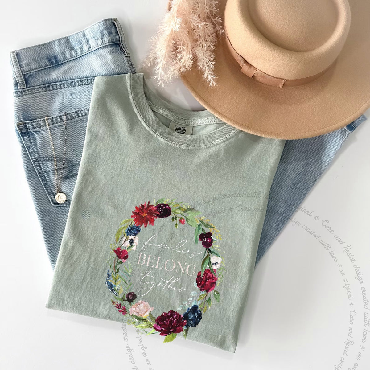 Families Belong Together Wreath Care & Resist progressive t-shirt in Bay
