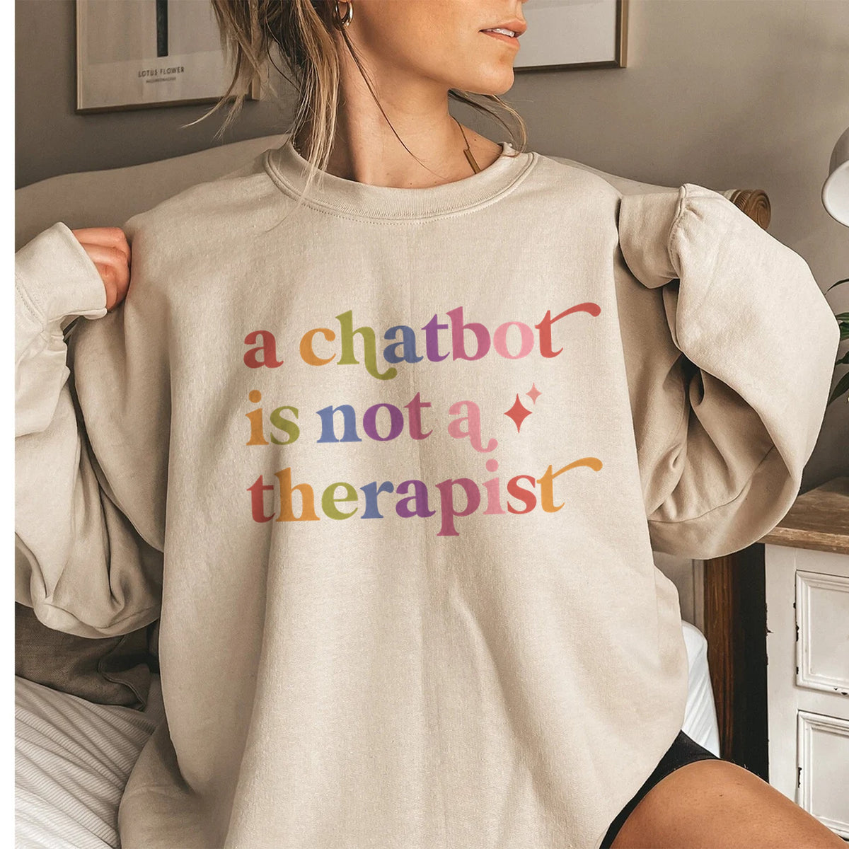 A Chatbot is not a Therapist Care & Resist Gildan crewneck sweatshirt in Sand