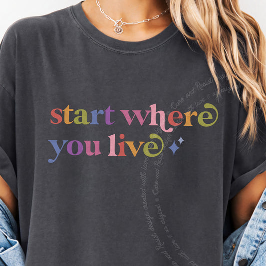 Start Where You Live Care & Resist progressive t-shirt in Graphite