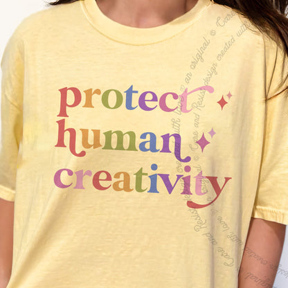 Protect Human Creativity Care & Resist progressive t-shirt in Banana