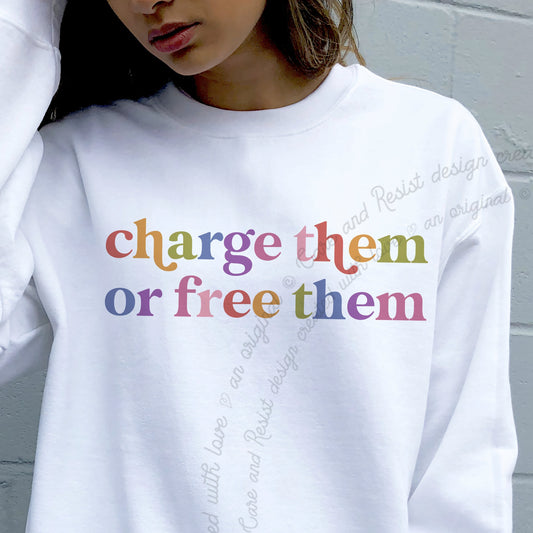 Charge Them or Free Them Care & Resist Gildan crewneck sweatshirt in White