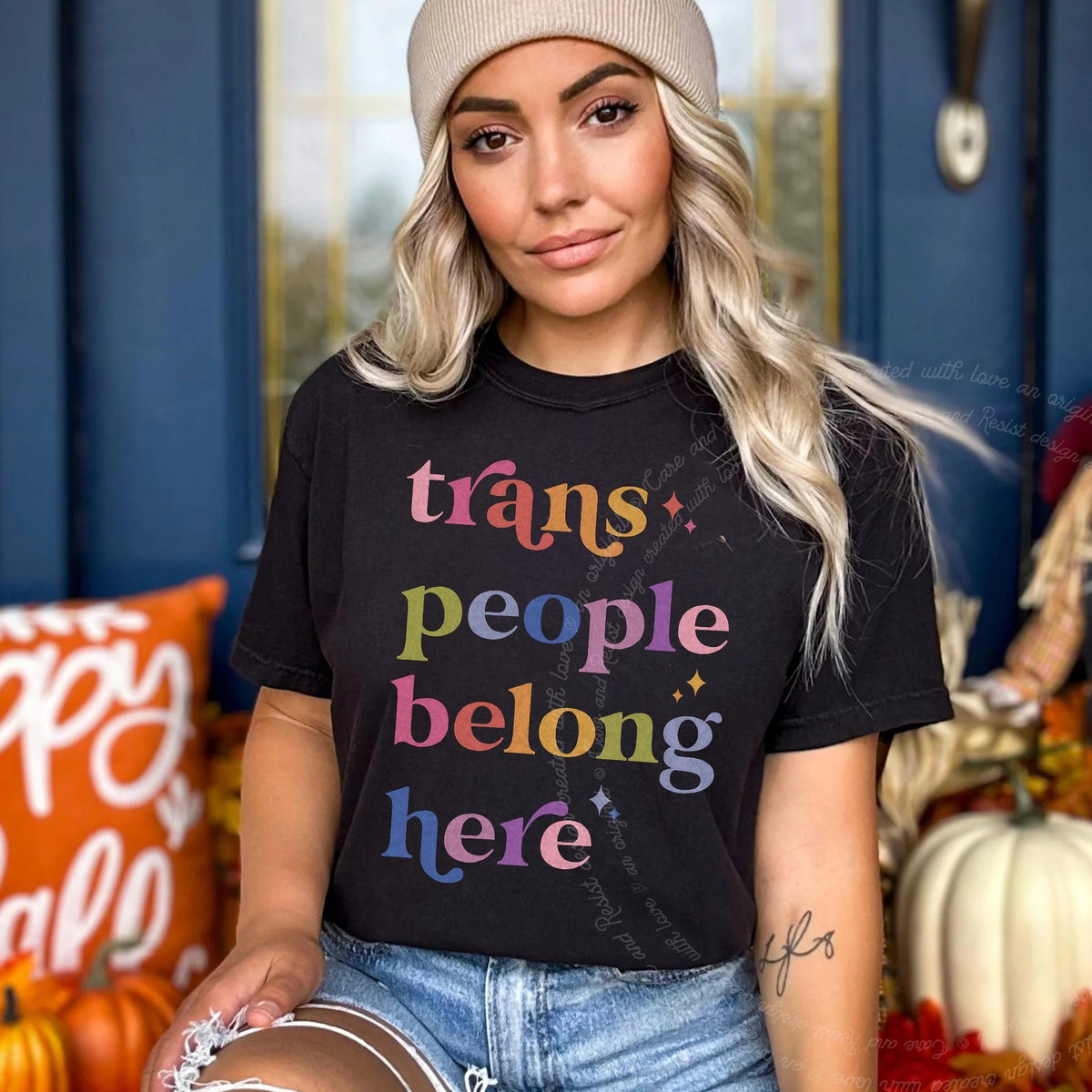 Trans People Belong Here Care & Resist progressive t-shirt in Black