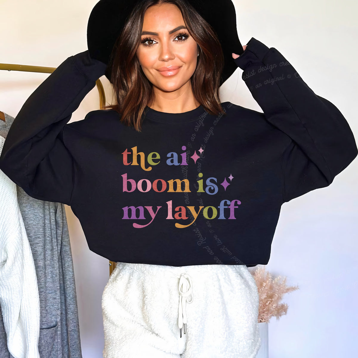 The Ai Boom is My Layoff Care & Resist Gildan crewneck sweatshirt in Black