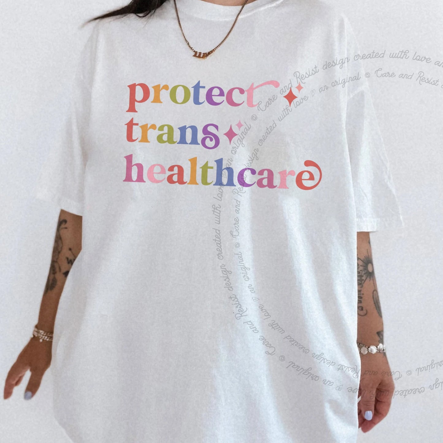 Protect Trans Healthcare Care & Resist rainbow Comfort Colors tee, White