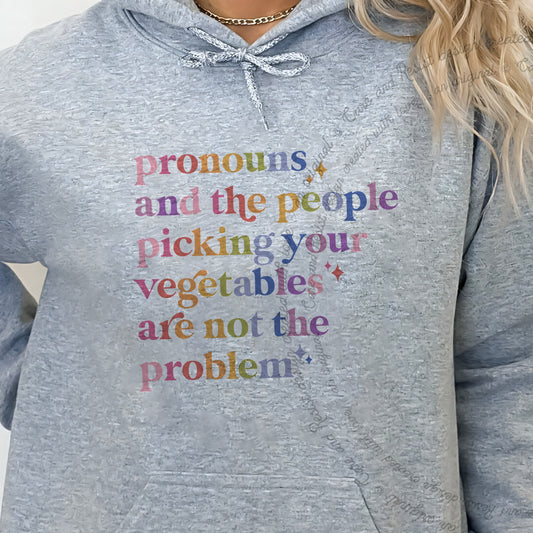Pronouns and the People Picking Your Vegetables Are Not the Problem Care & Resist Gildan hoodie in Sport Grey