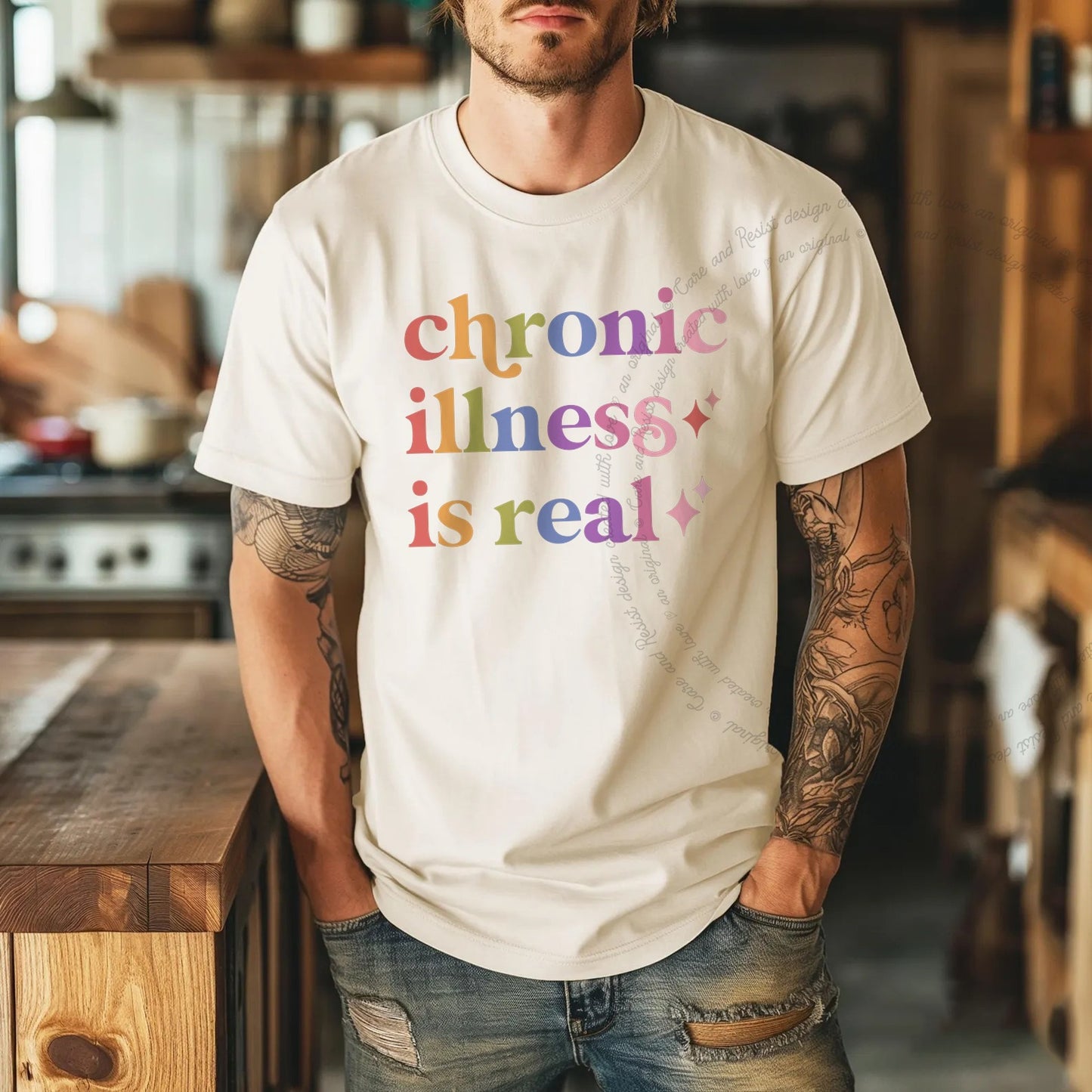 Chronic Illness is Real Care & Resist rainbow Comfort Colors tee, Ivory