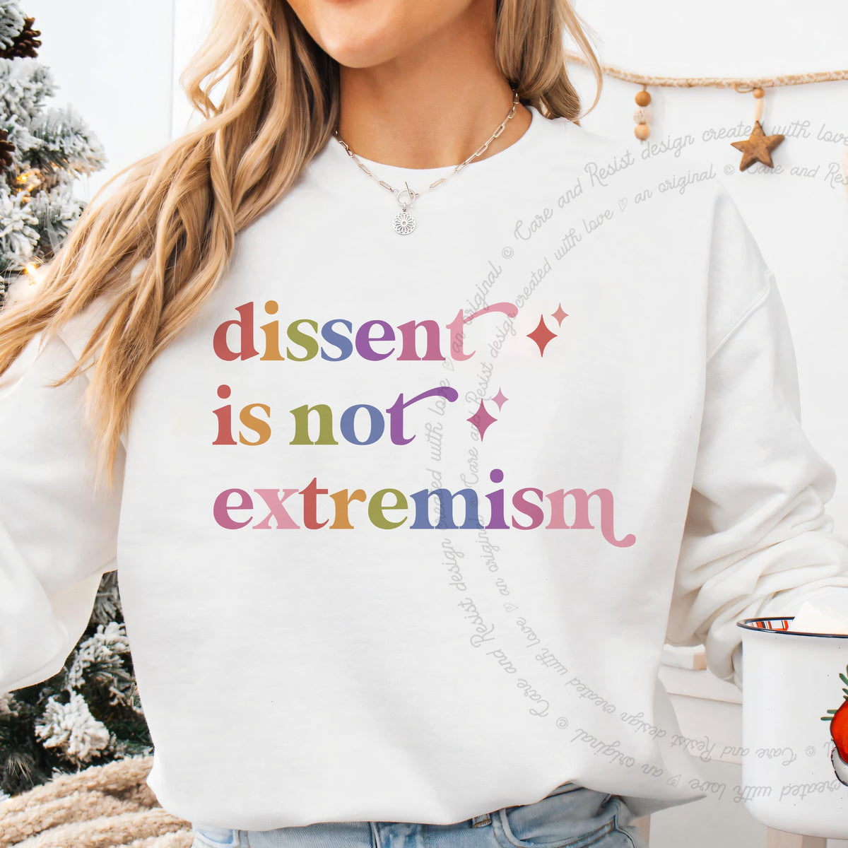 Dissent is not Extremism Care & Resist Gildan crewneck sweatshirt in White