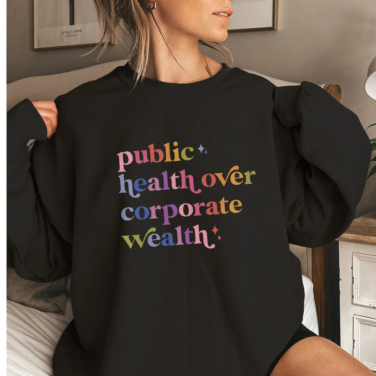 Public Health Over Corporate Wealth Care & Resist Gildan crewneck sweatshirt in Black