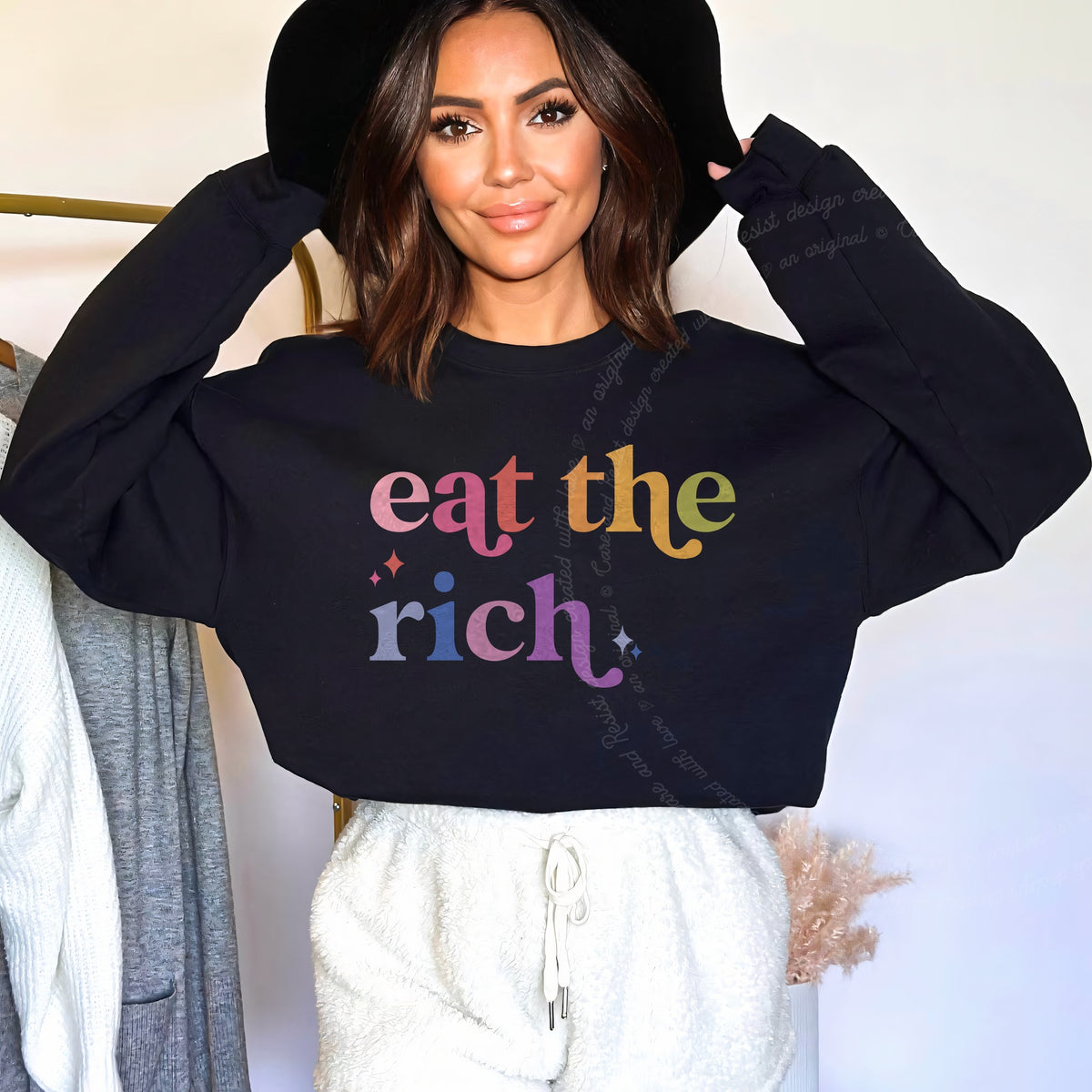 Eat the Rich Care & Resist Gildan crewneck sweatshirt in Black