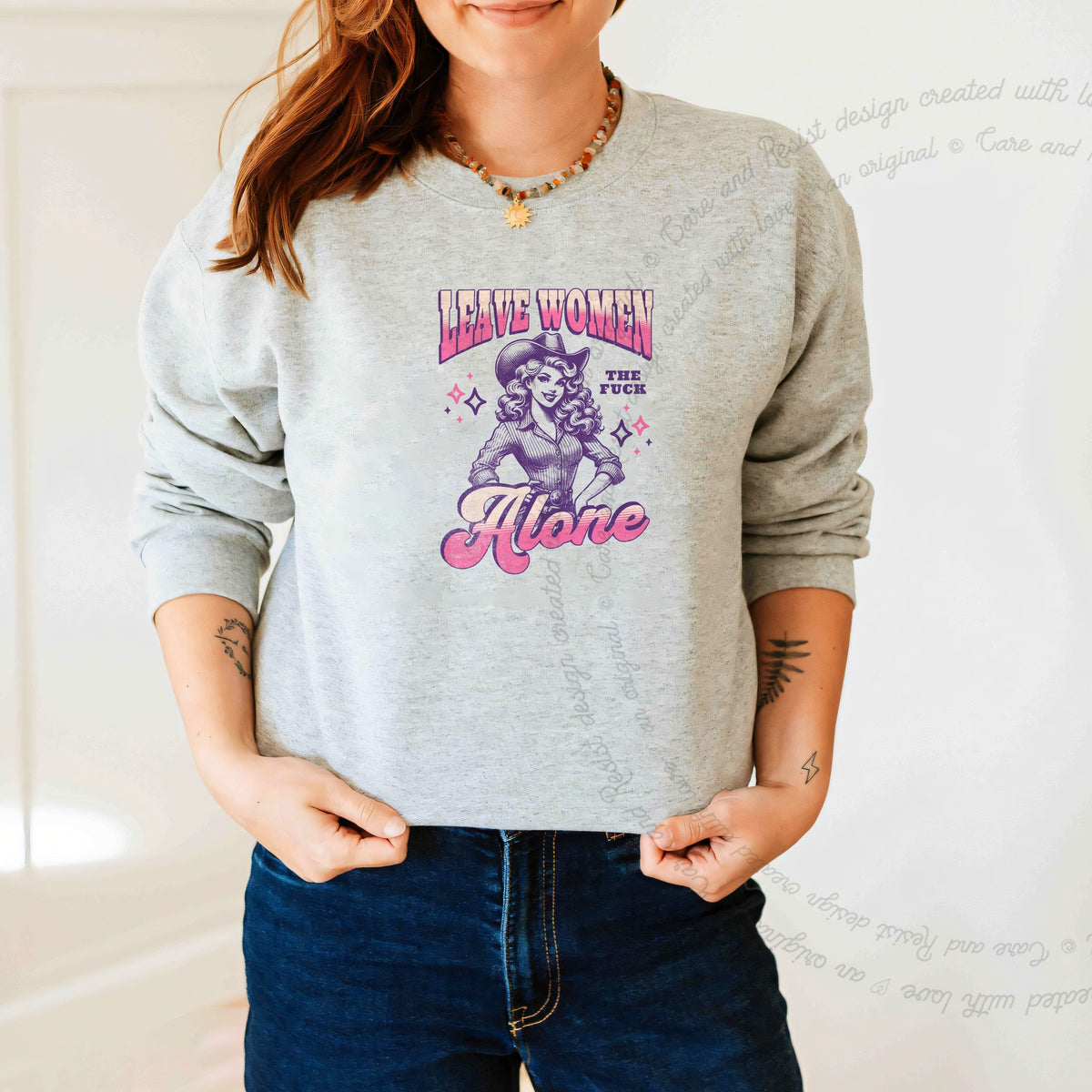 Leave Women the Fuck Alone Care & Resist Gildan crewneck sweatshirt in Sport Grey