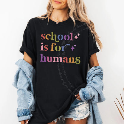School is for Humans Care & Resist rainbow tee