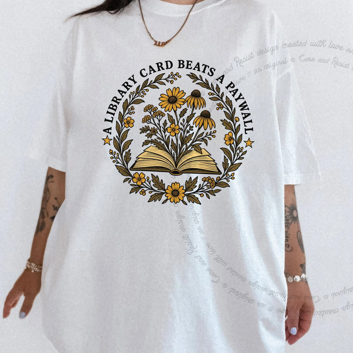 A Library Card Beats a Paywall Badge Care & Resist progressive t-shirt in White