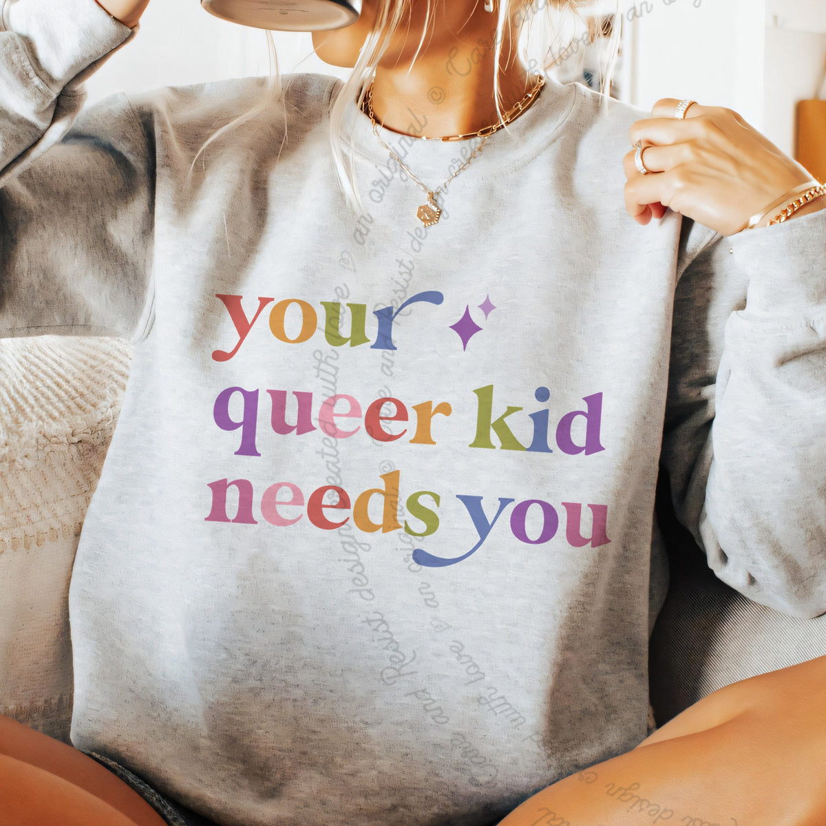 Your Queer Kid Needs You Care & Resist Gildan crewneck sweatshirt in Sport Grey
