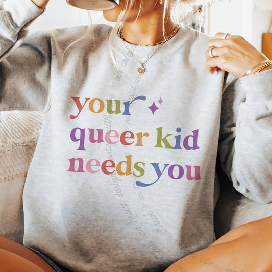 Your Queer Kid Needs You Care & Resist Gildan crewneck sweatshirt in Sport Grey