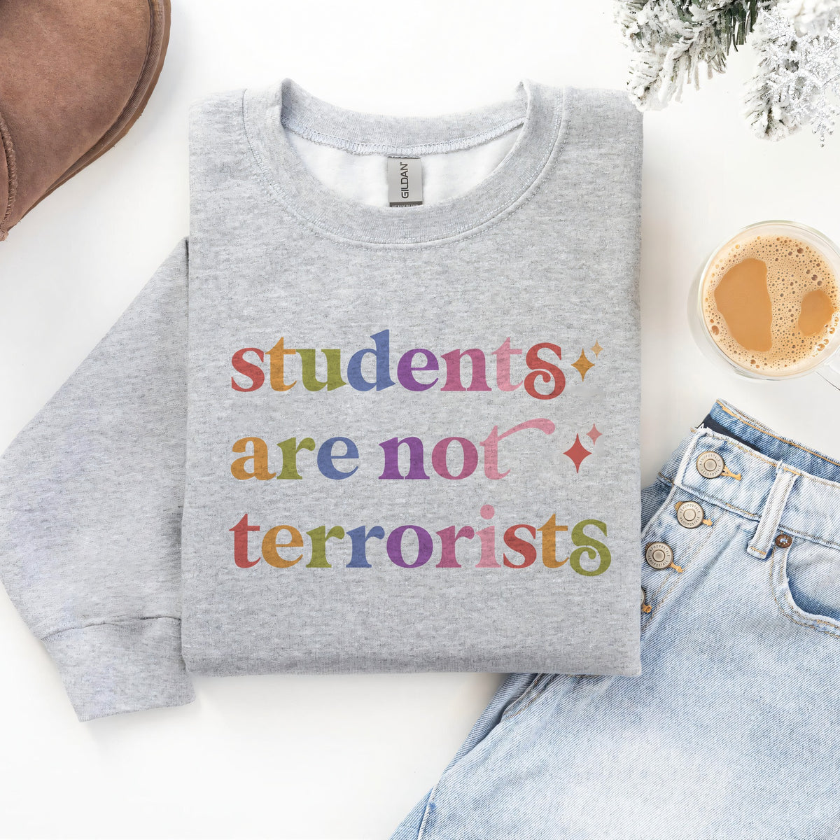 Students are not Terrorists Care & Resist Gildan crewneck sweatshirt in Sport Grey