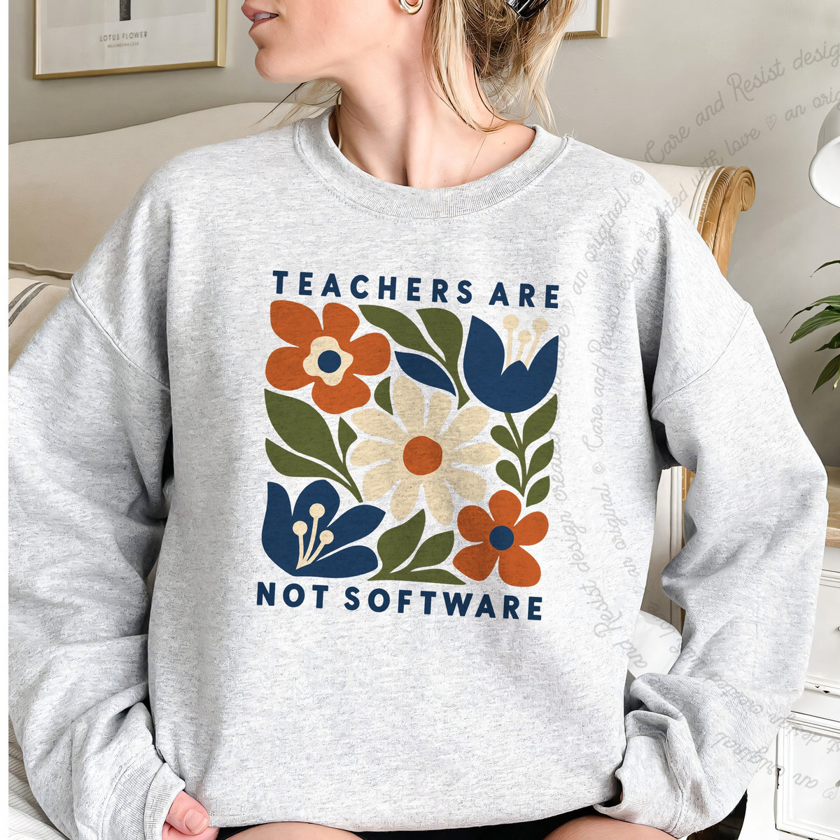 Teachers are not Software Cutout Care & Resist Gildan crewneck sweatshirt in Sport Grey