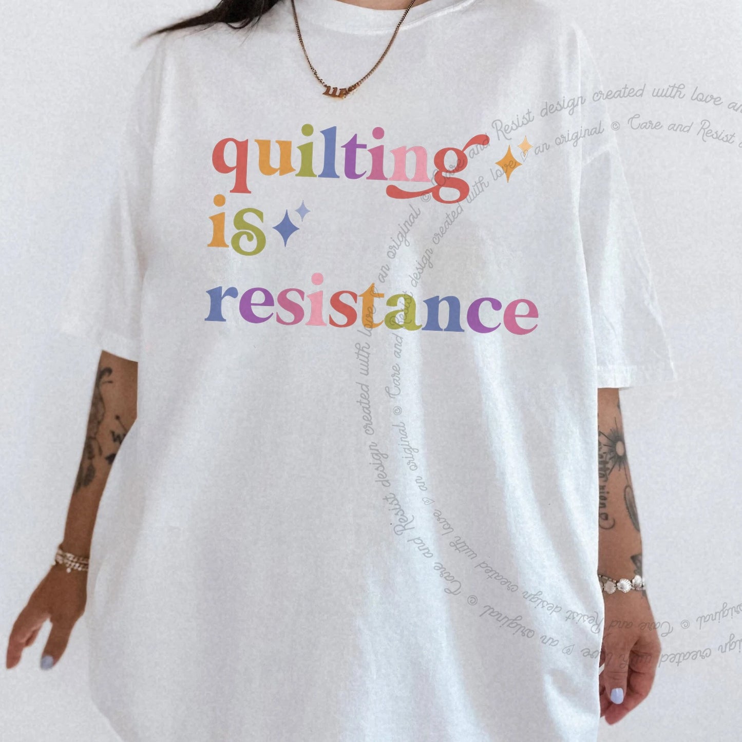 Quilting is Resistance Care & Resist rainbow Comfort Colors tee, White