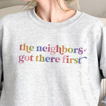 The Neighbors Got There First Care & Resist Gildan crewneck sweatshirt in Sport Grey