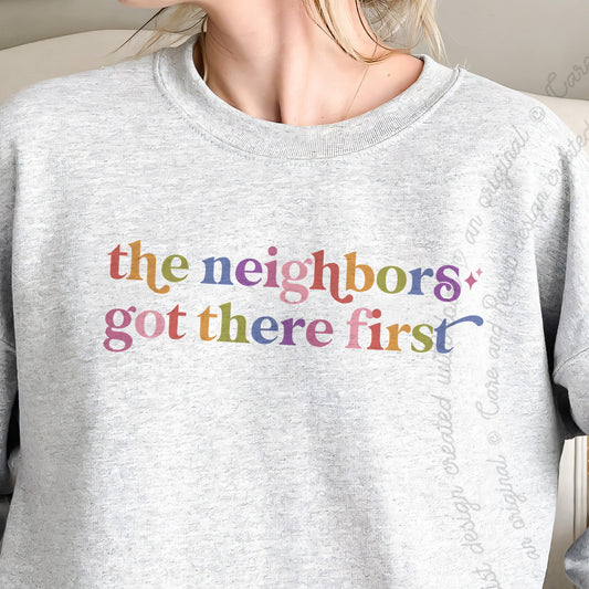The Neighbors Got There First Care & Resist Gildan crewneck sweatshirt in Sport Grey