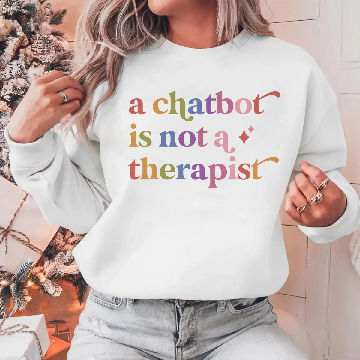 A Chatbot is not a Therapist Care & Resist Gildan crewneck sweatshirt in White