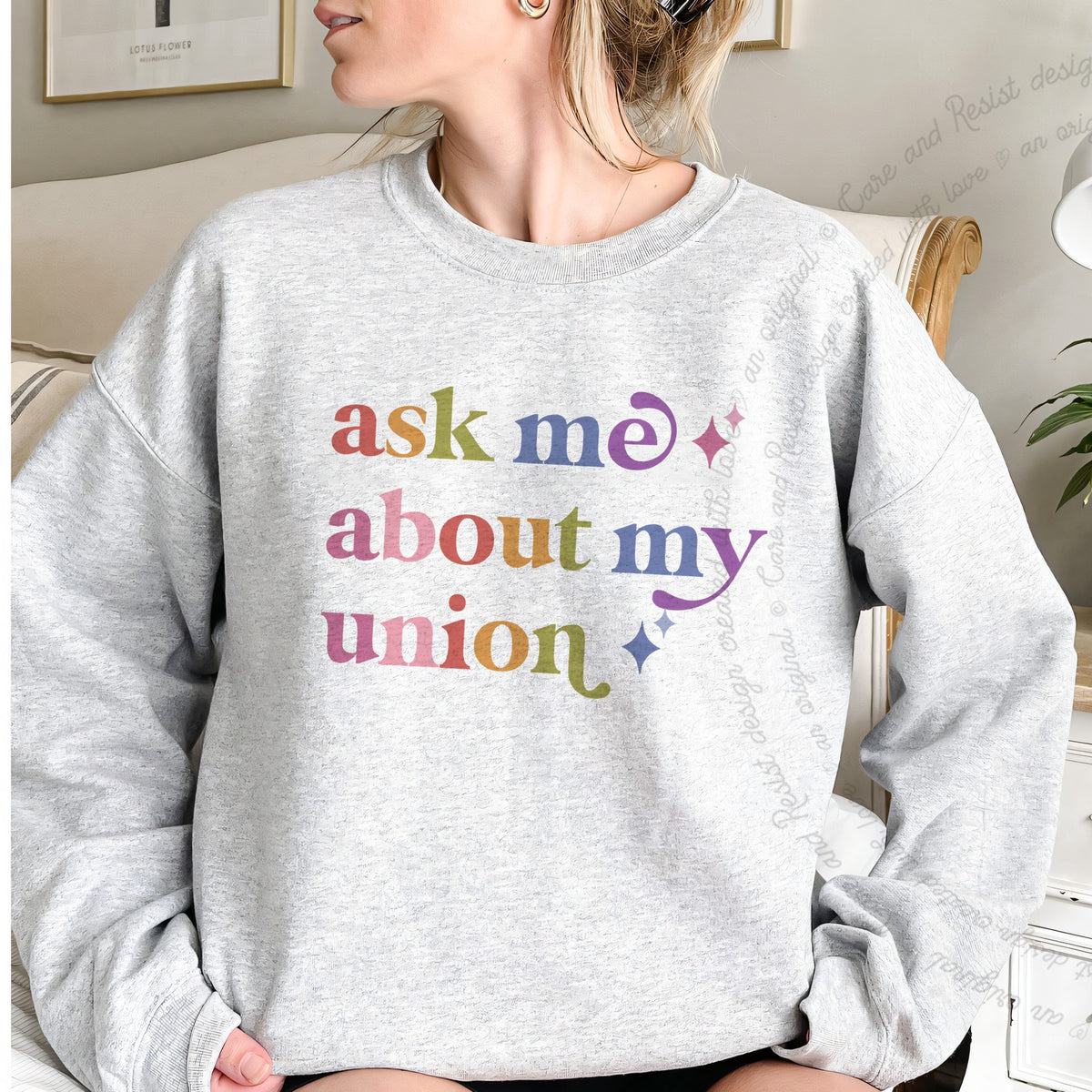 Ask Me About My Union Care & Resist Gildan crewneck sweatshirt in Sport Grey