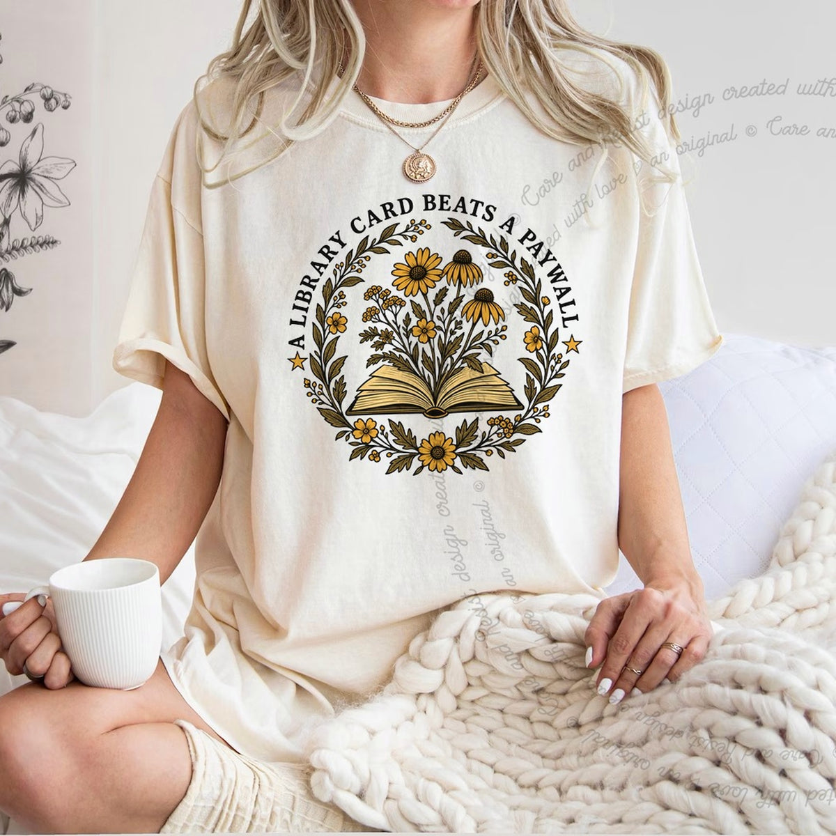 A Library Card Beats a Paywall Badge Care & Resist progressive t-shirt in Ivory