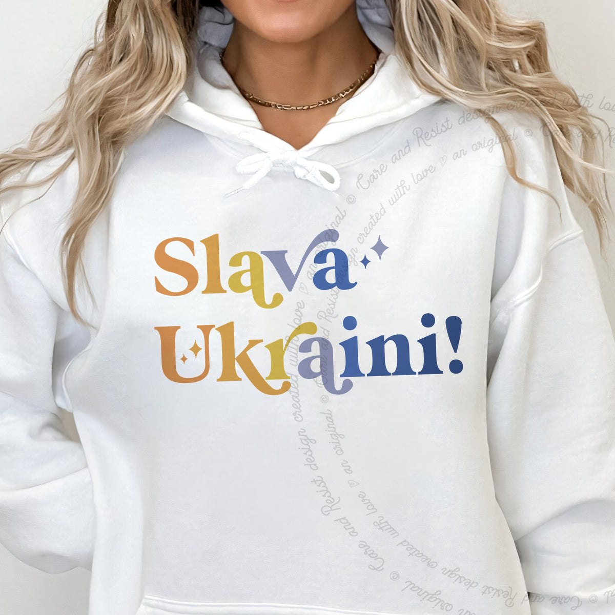 Slava Ukraini Care & Resist Gildan hoodie in White