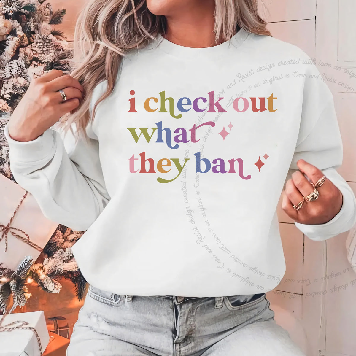 I Check Out What They Ban Care & Resist Gildan crewneck sweatshirt in White