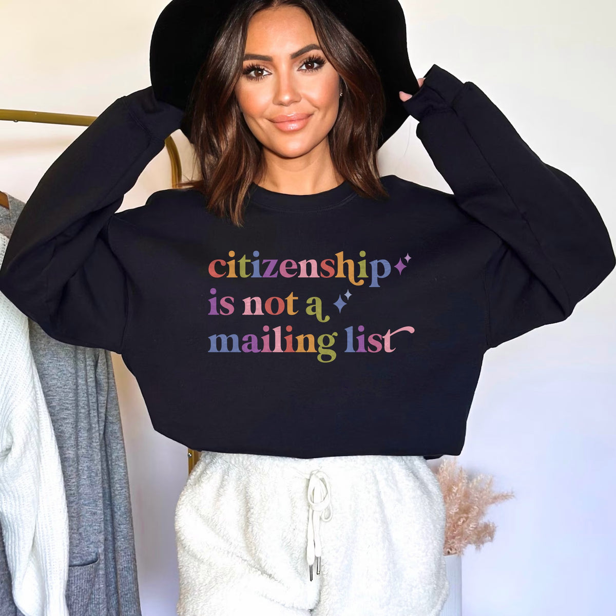 Citizenship is not a Mailing List Care & Resist Gildan crewneck sweatshirt in Black