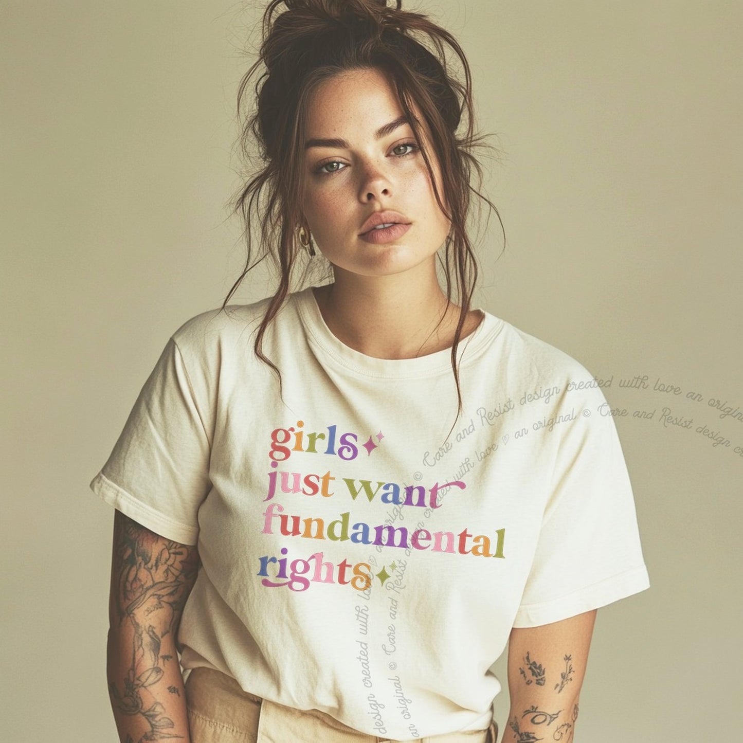 Girls Just Want Fundamental Rights Care & Resist rainbow Comfort Colors tee, Ivory