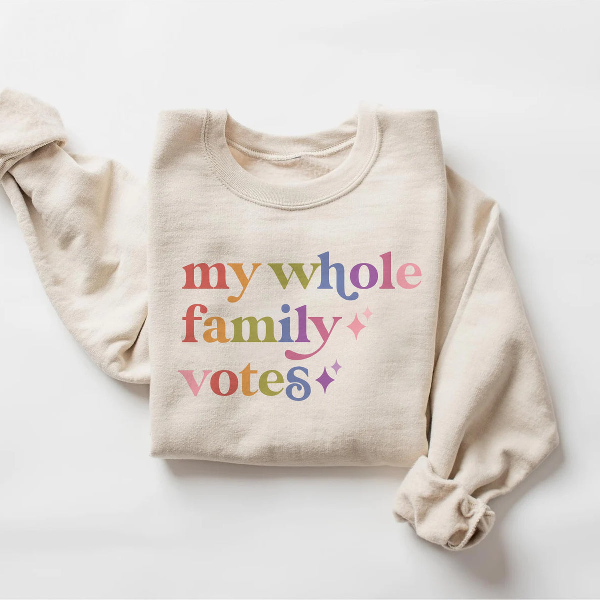 My Whole Family Votes Care & Resist Gildan crewneck sweatshirt in Sand