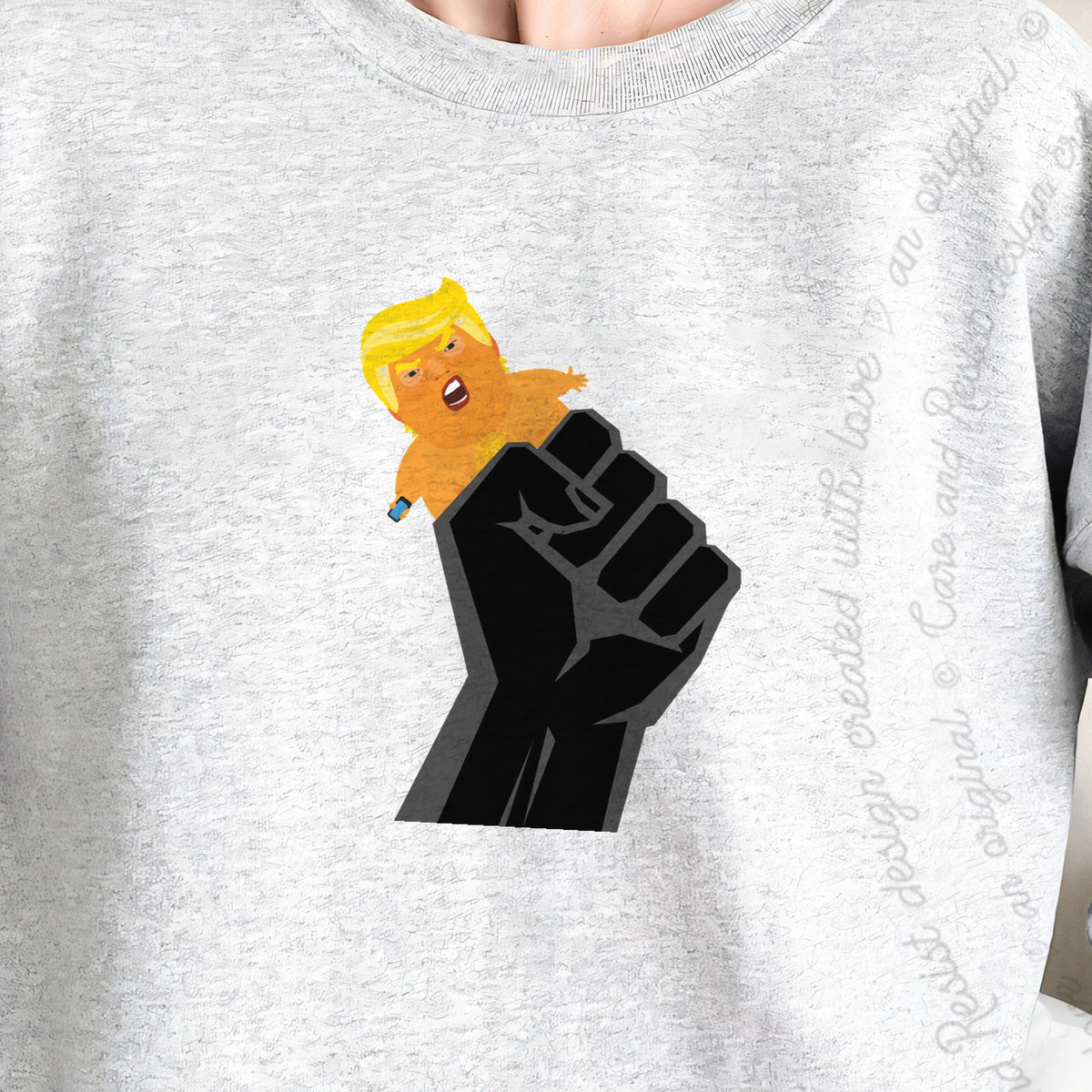 Resist Fist and Trump Blimp Care & Resist Gildan crewneck sweatshirt in Sport Grey