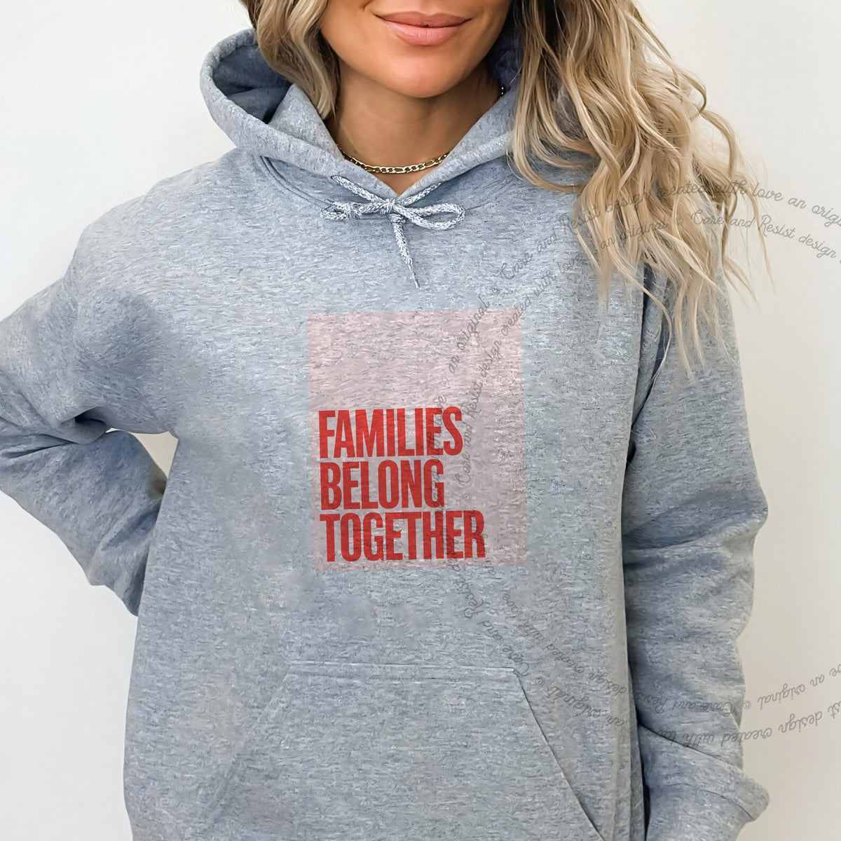 Families Belong Together Red Pink Care & Resist Gildan hoodie in Sport Grey