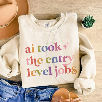 Ai Took the Entry Level Jobs Care & Resist Gildan crewneck sweatshirt in Sand