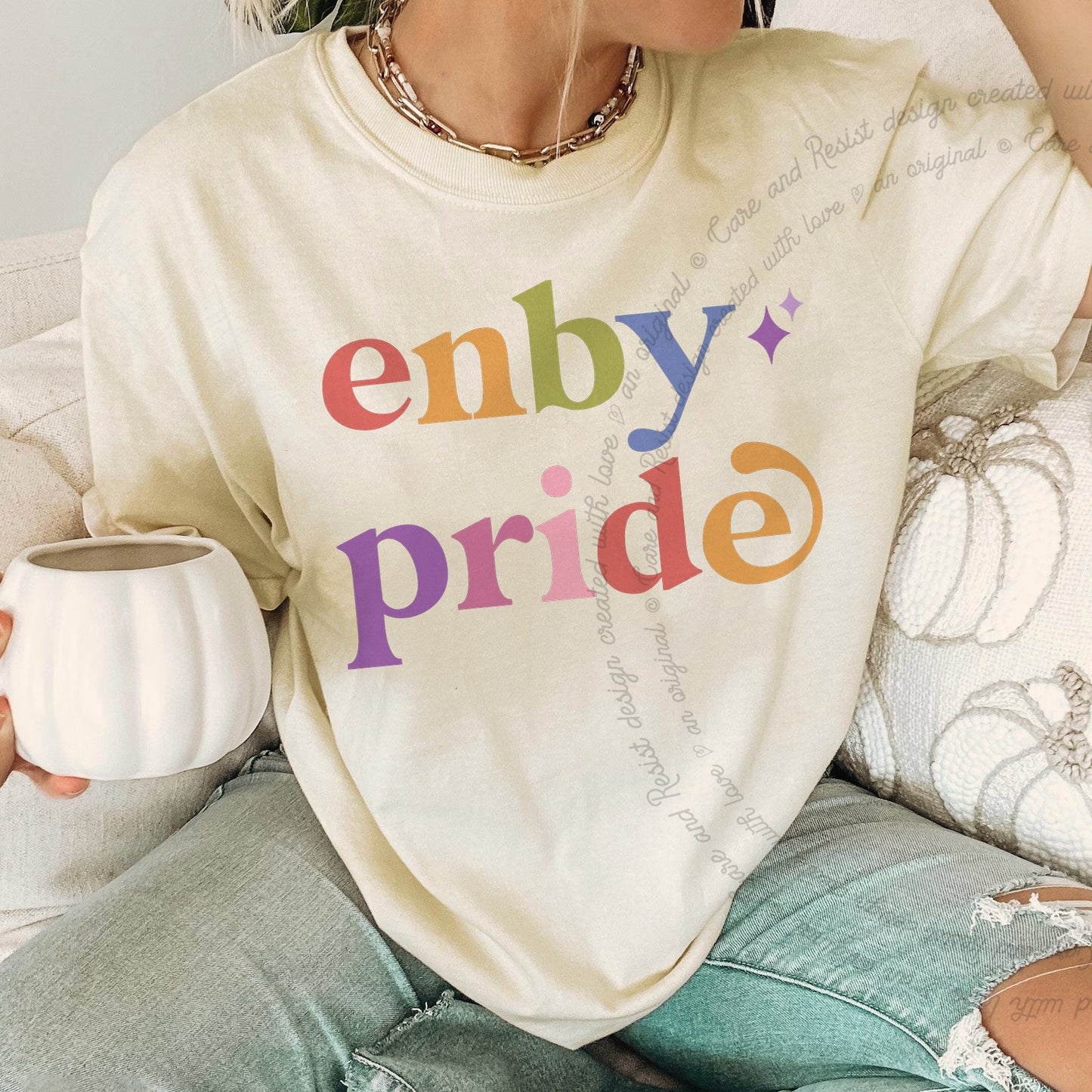 Enby Pride Care & Resist rainbow Comfort Colors tee, Ivory