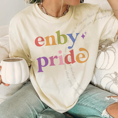 Enby Pride Care & Resist rainbow Comfort Colors tee, Ivory