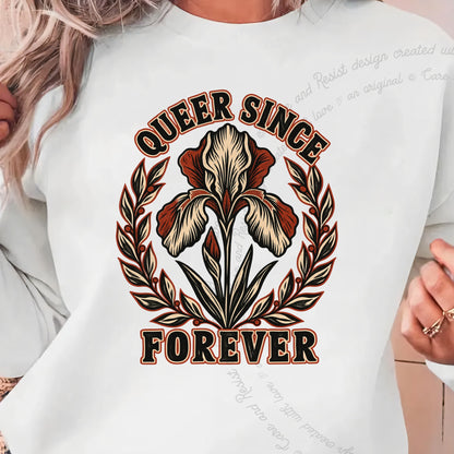 Queer Since Forever Iris Linocut Care & Resist Gildan crewneck sweatshirt in White